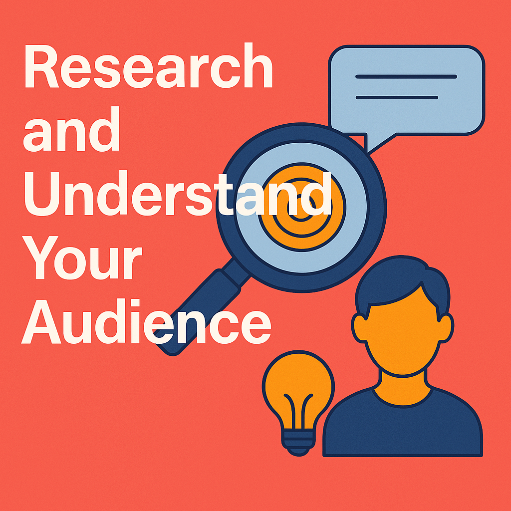 This image shows a clipart of a magnifying glass telling to research and understand your audience.